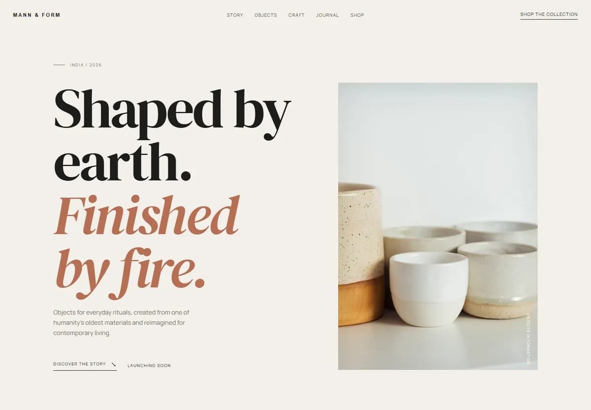 Mann and Form public website introducing its ceramic objects and material story