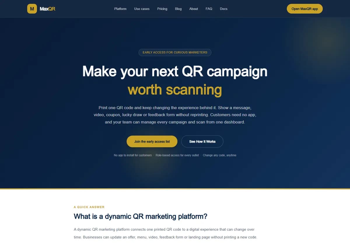 MaxQR public website introducing its dynamic QR marketing platform