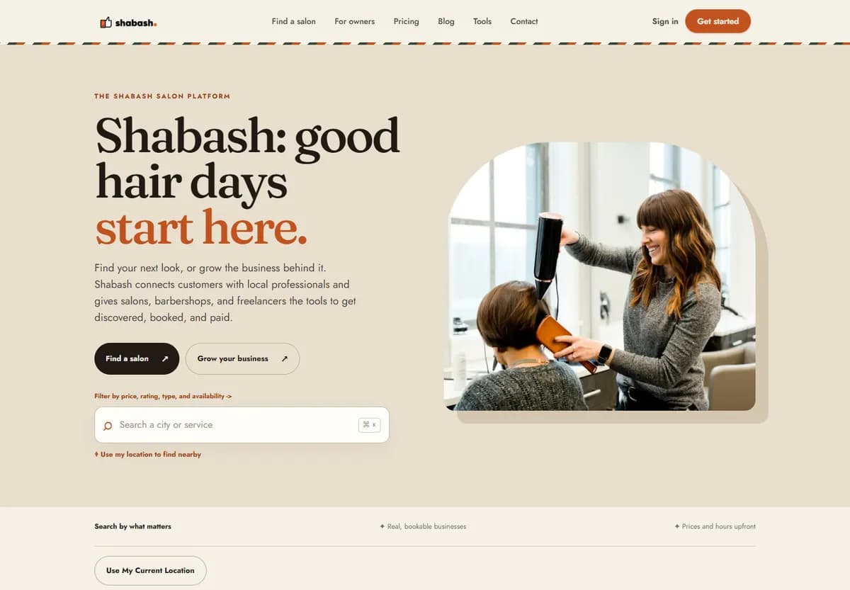 Shabash public website for salon discovery and booking