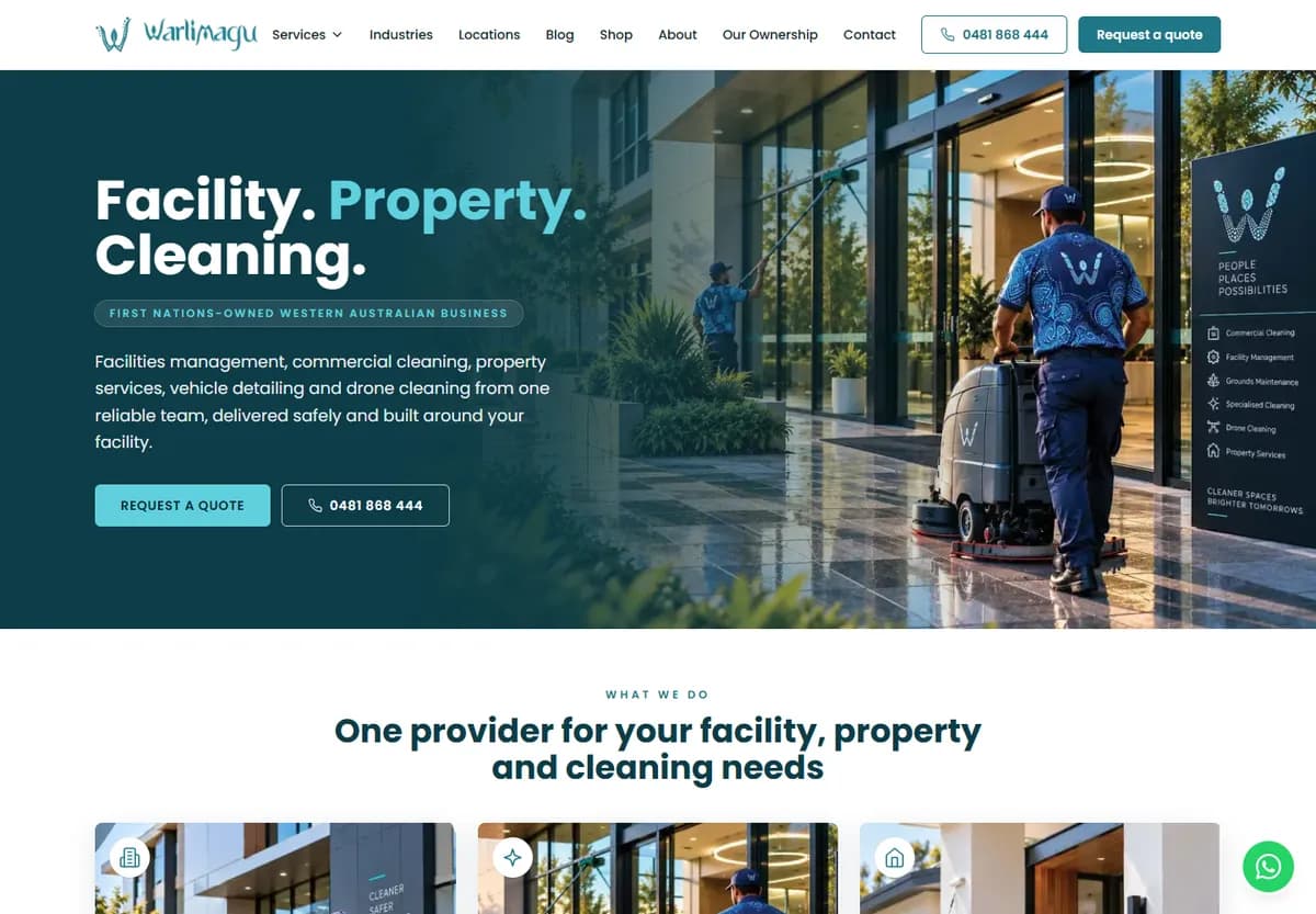 Warlimagu public website presenting facilities, property and cleaning services