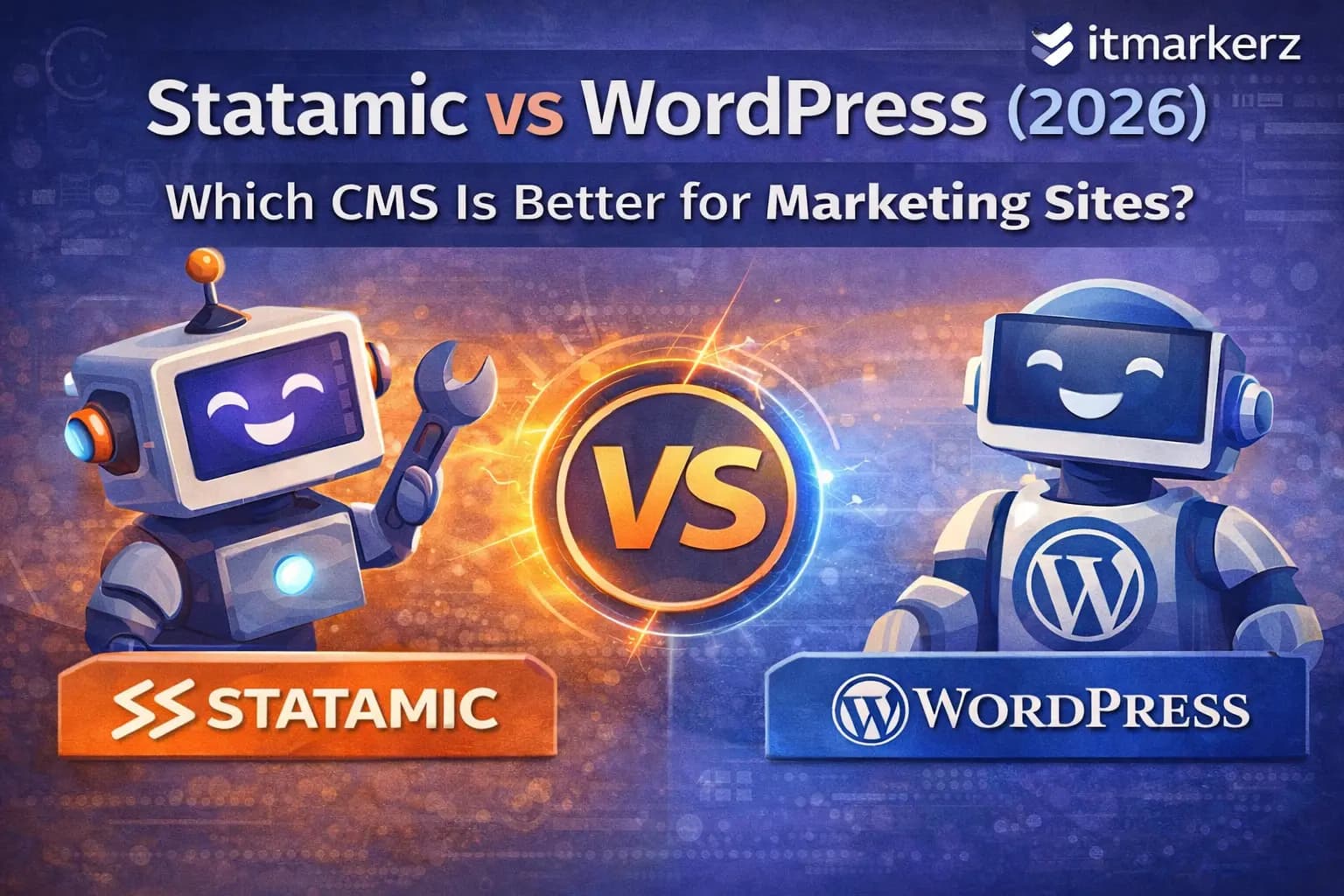 Feature image comparing Statamic vs WordPress in 2026 for marketing websites, showing Statamic and WordPress mascots with a versus concept, highlighting CMS selection for performance, cost, and scalability